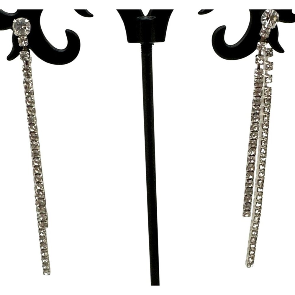 Bedazzled Rhinestone Tennis Dangle Drop Tassel Earrings Glam Elegant Bling Chic